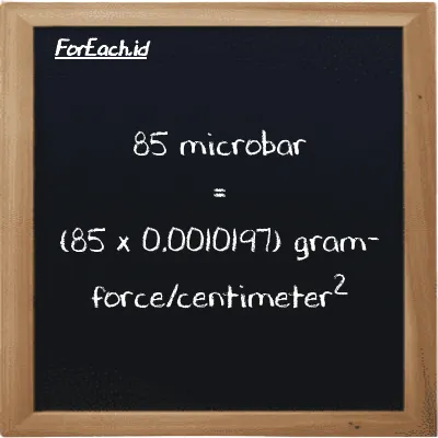 How to convert microbar to gram-force/centimeter<sup>2</sup>: 85 microbar (µbar) is equivalent to 85 times 0.0010197 gram-force/centimeter<sup>2</sup> (gf/cm<sup>2</sup>)
